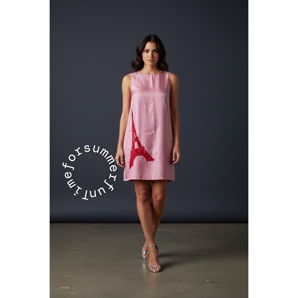 ELLE Pink Sleeveless Shift Dress Red Lace Eiffel Tower Applique Womens Size 12